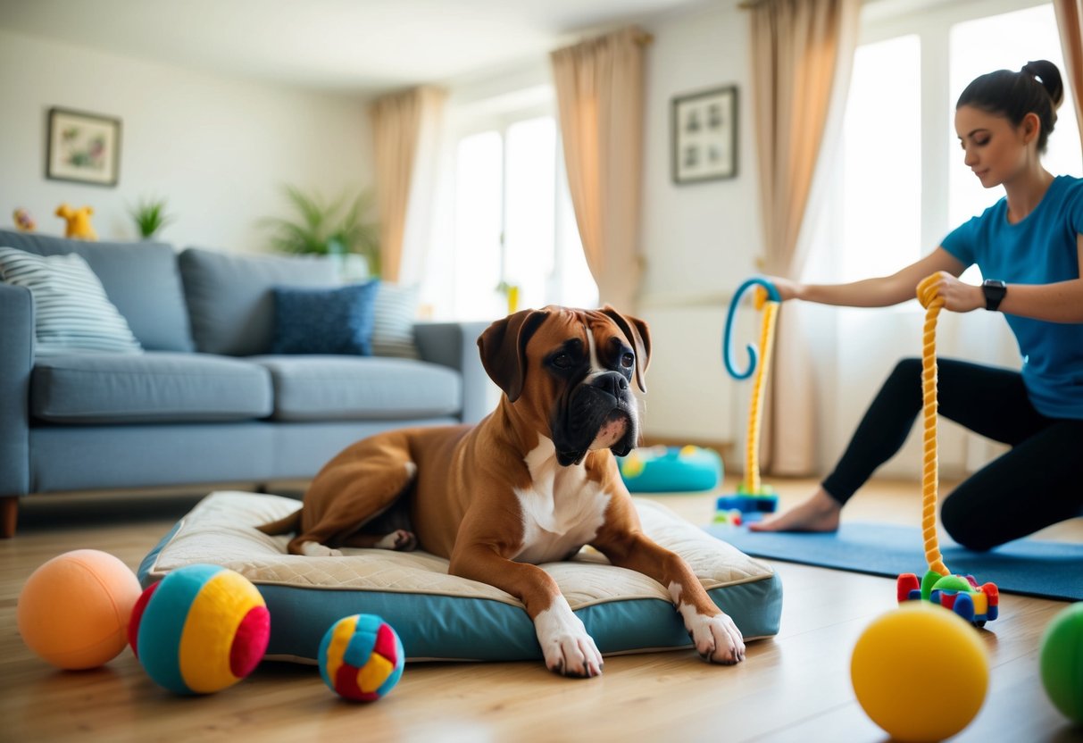 A boxer dog lies peacefully in a sunlit living room, surrounded by toys and a comfortable bed, while a person calmly engages in training exercises