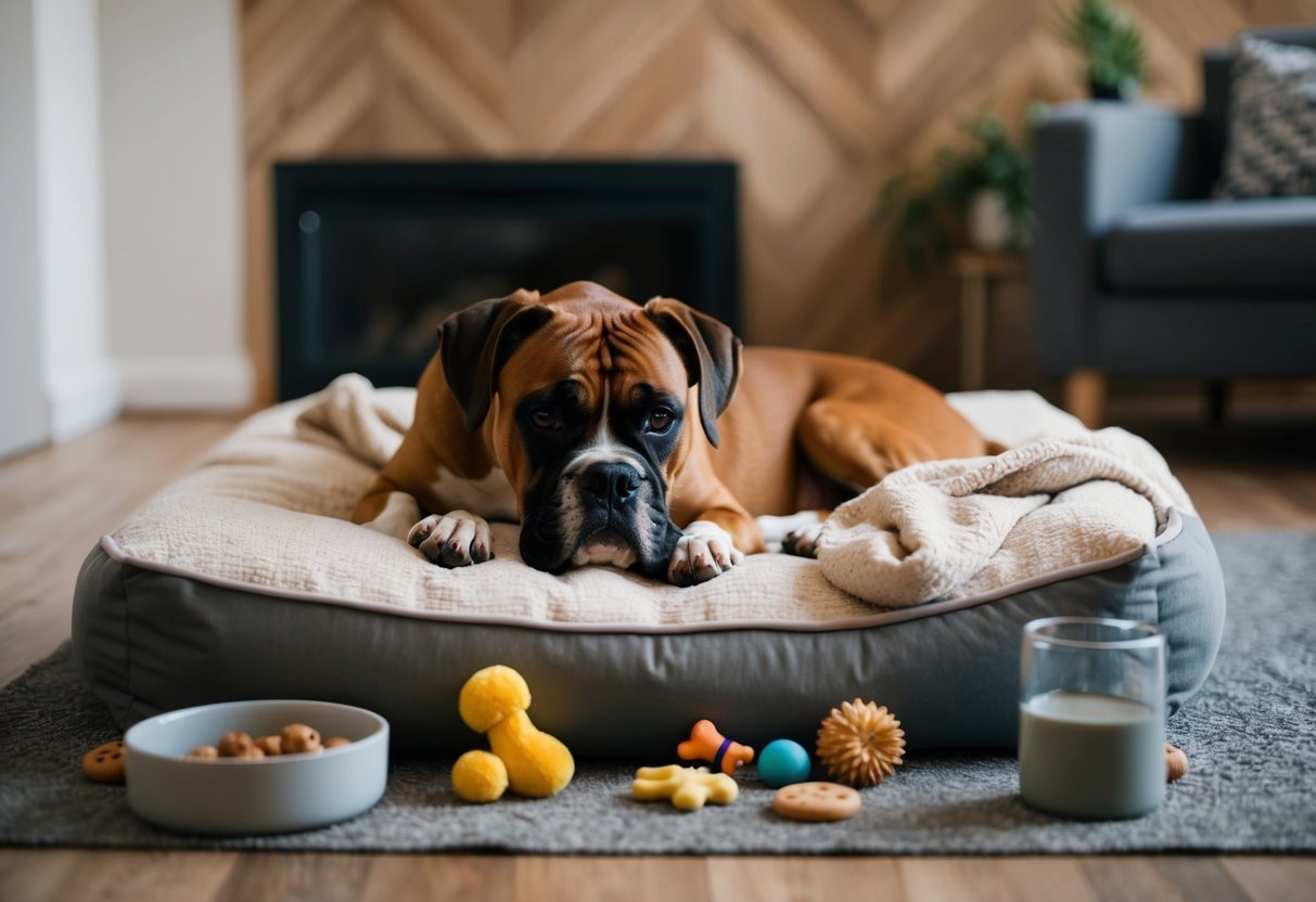 A boxer dog peacefully resting in a cozy bed, surrounded by toys and treats. A soft blanket and a bowl of fresh water nearby