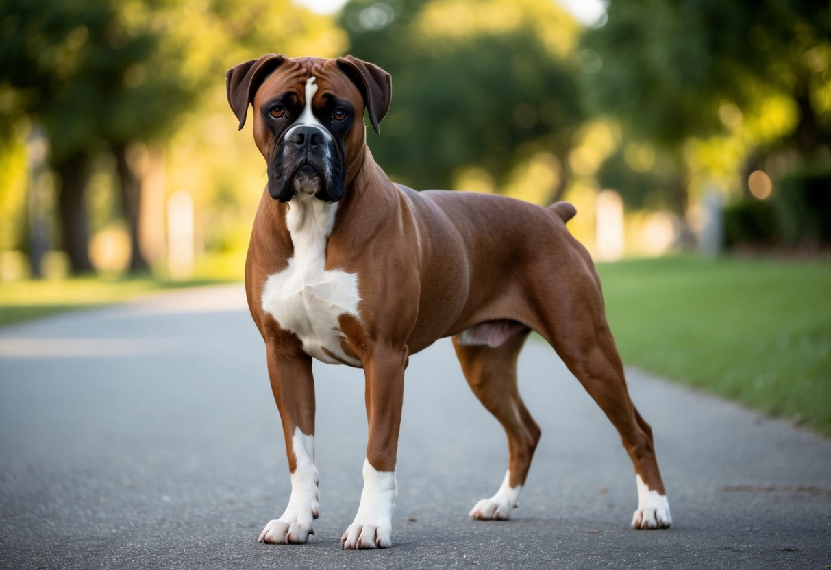 A fully grown boxer dog standing confidently, with a muscular build and a sleek, shiny coat, exuding strength and vitality
