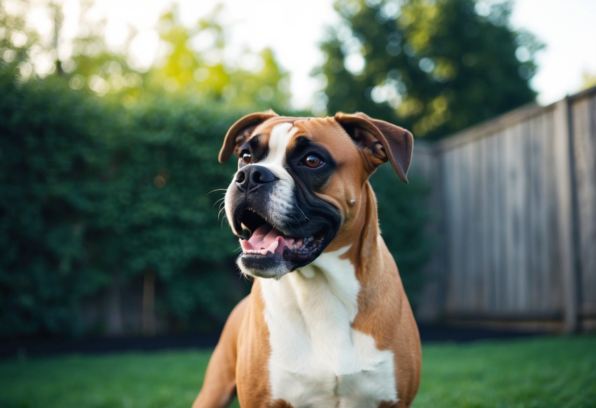 A boxer dog barking in a backyard, ears perked and tail raised, with a curious and alert expression on its face
