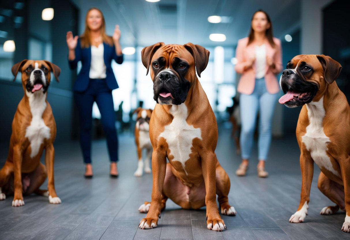 A boxer dog surrounded by various stimuli, such as other dogs, strangers, and loud noises, while exhibiting different barking behaviors