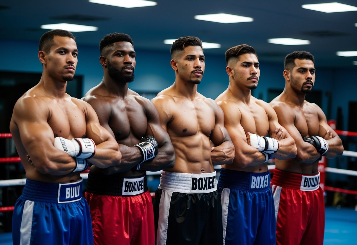A group of adult boxers of varying ages stand side by side, showcasing their muscular build and strong, athletic physique