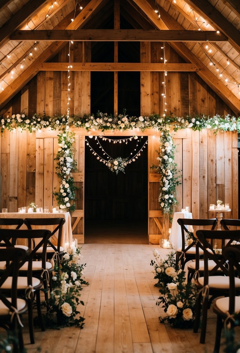 A charming rustic barn adorned with twinkling lights, floral garlands, and wooden accents sets the stage for a romantic wedding celebration