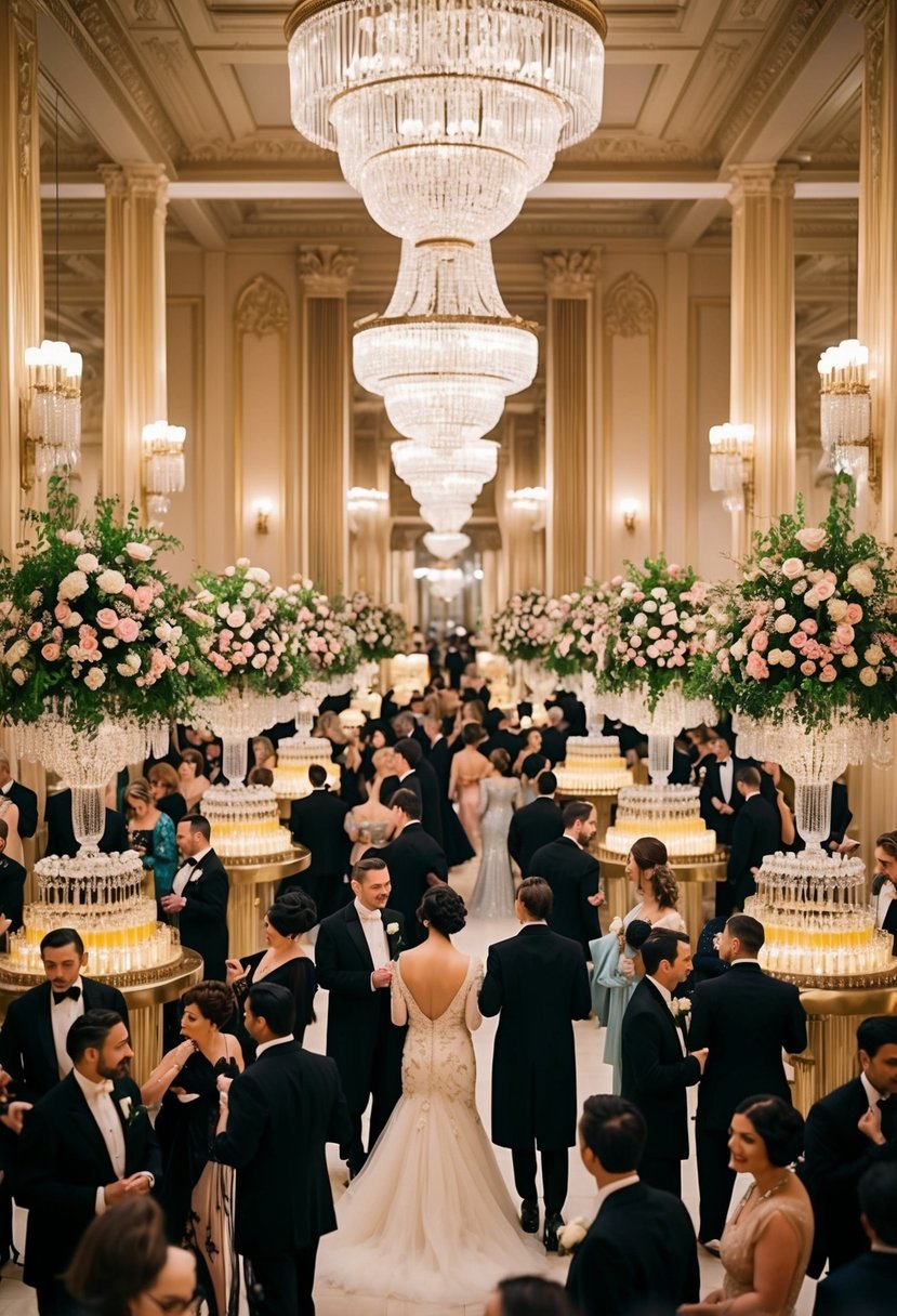 A lavish 1920s ballroom with art deco decor, crystal chandeliers, and opulent floral arrangements. Guests in elegant attire mingle amidst champagne towers and jazz music