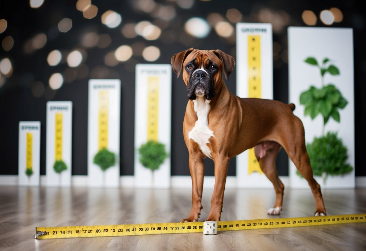 A mature boxer dog standing next to a measuring tape, with various stages of growth depicted in the background