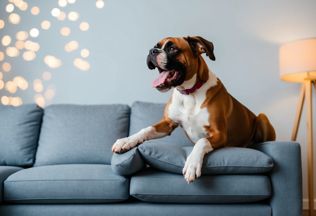 A boxer dog chewing on furniture, while jumping on the couch and barking loudly
