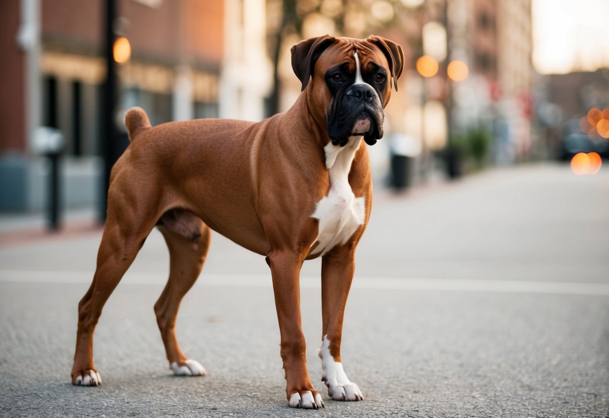 A fully grown Boxer dog standing confidently, displaying muscular build and alert expression