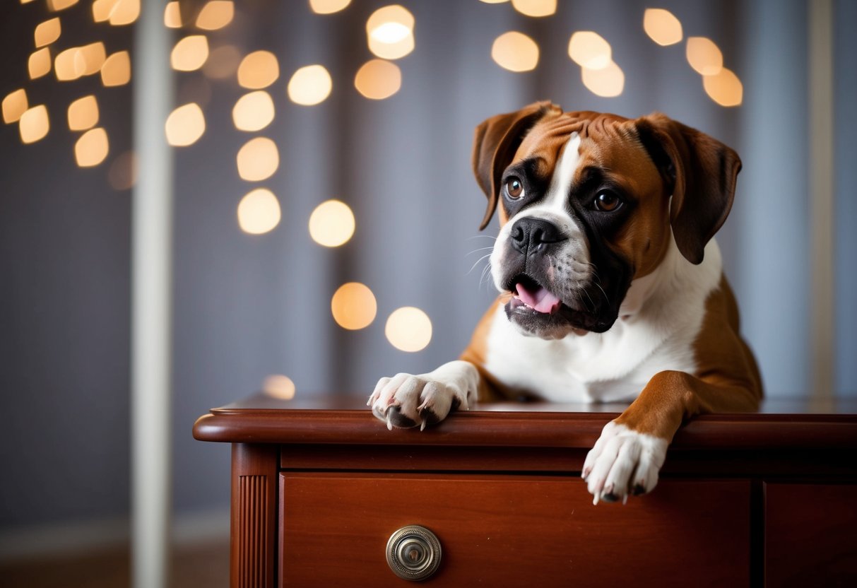 A boxer dog chewing on furniture while the owner is away