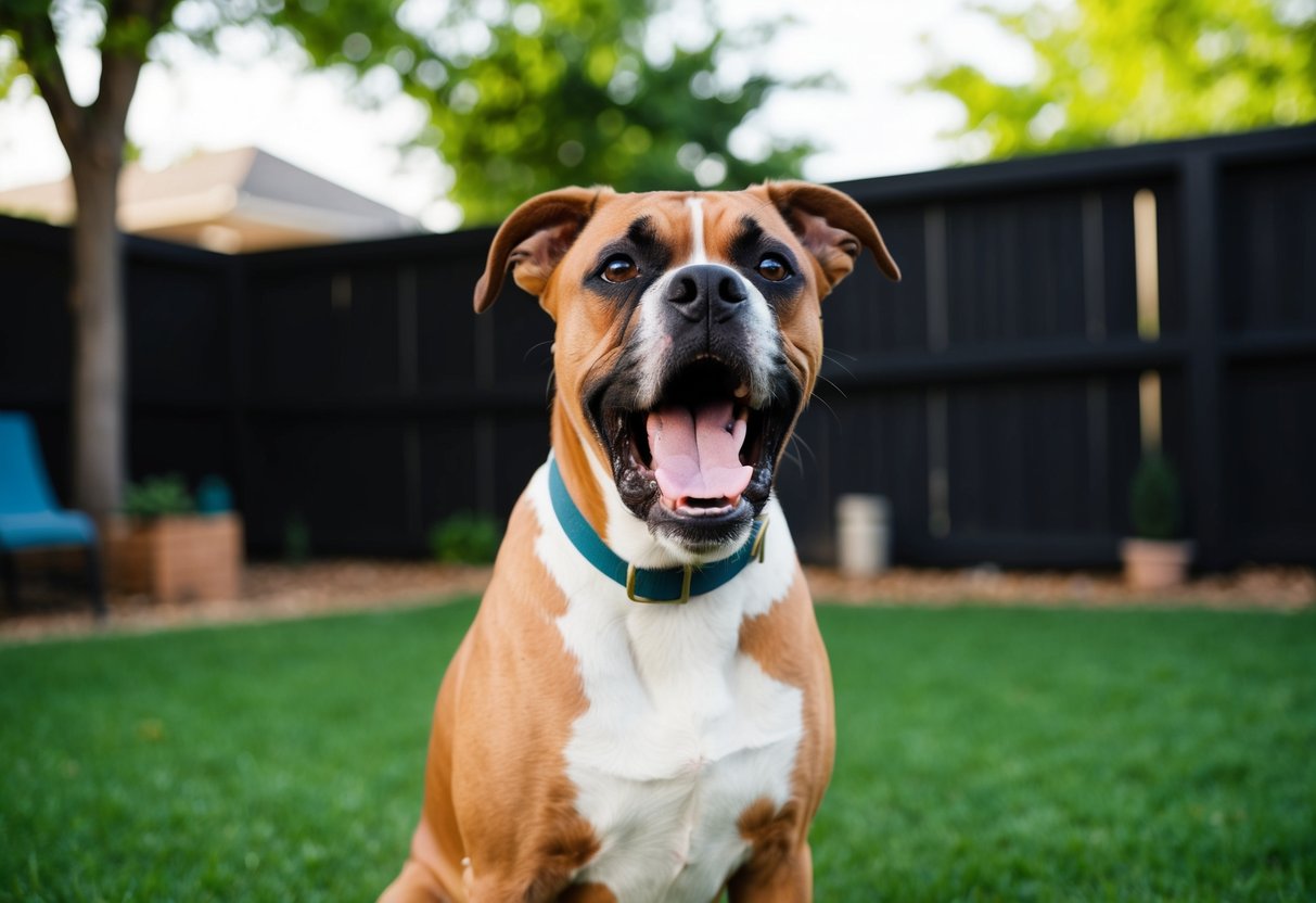 A boxer dog barking excessively in a backyard, with ears perked and mouth open