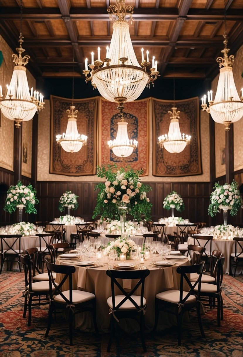 A grand medieval banquet hall adorned with rich tapestries, ornate chandeliers, and opulent floral arrangements, set for a lavish Renaissance-themed wedding celebration