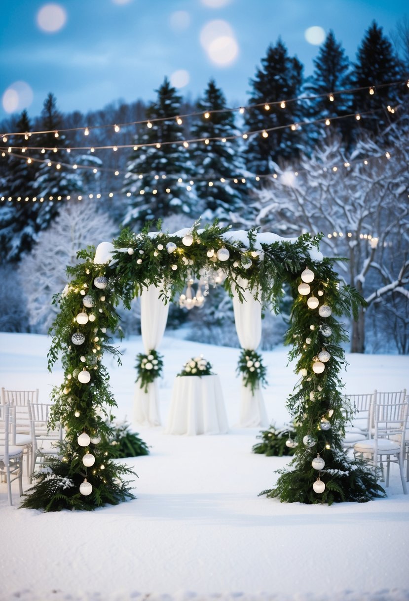 A snowy landscape with elegant white decor, twinkling lights, and lush greenery creating a magical winter wedding setting