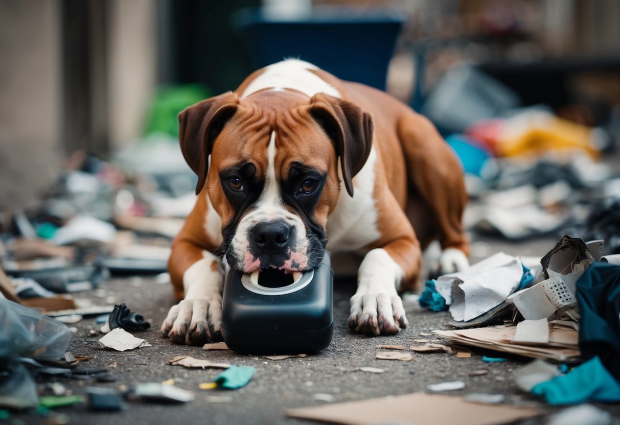 A boxer dog chewing on a forbidden object, surrounded by scattered trash and torn-up items