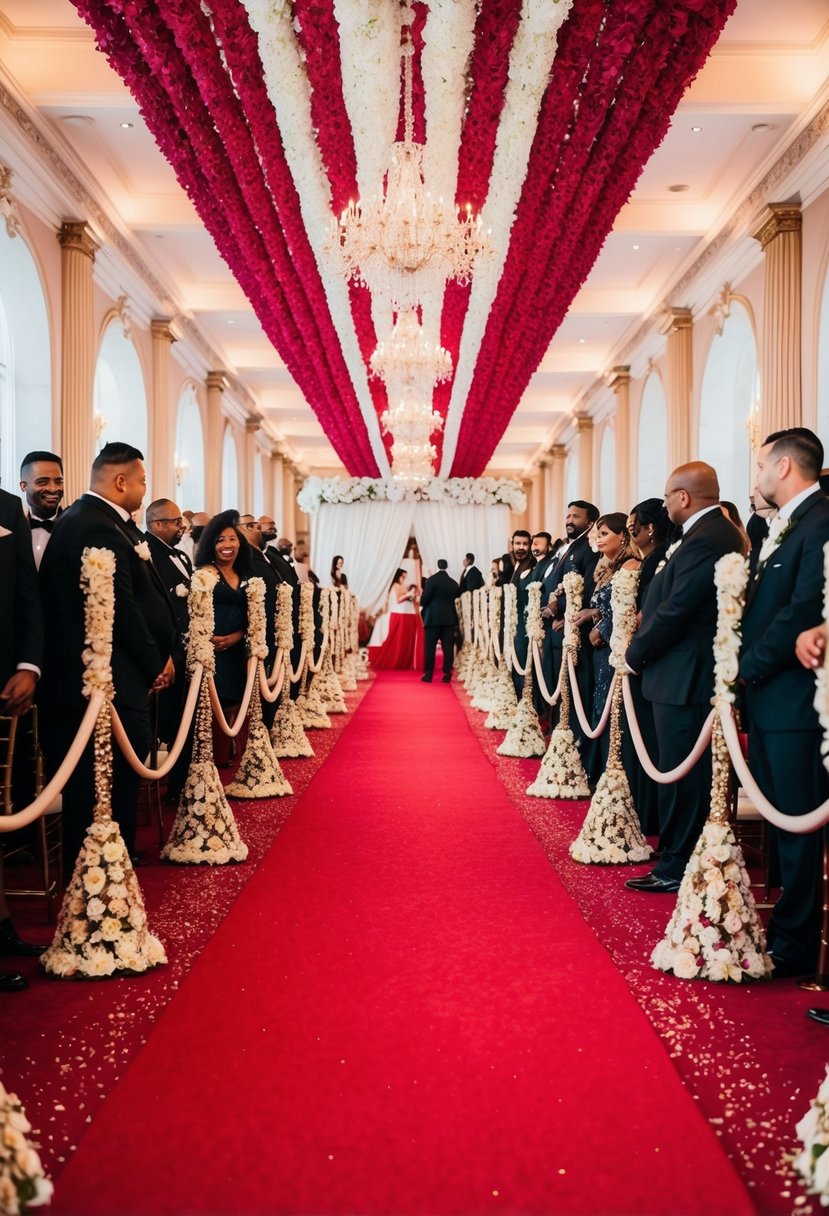 A grand red carpet lined with dazzling wedding themes, capturing the attention of onlookers with its stunning and luxurious designs