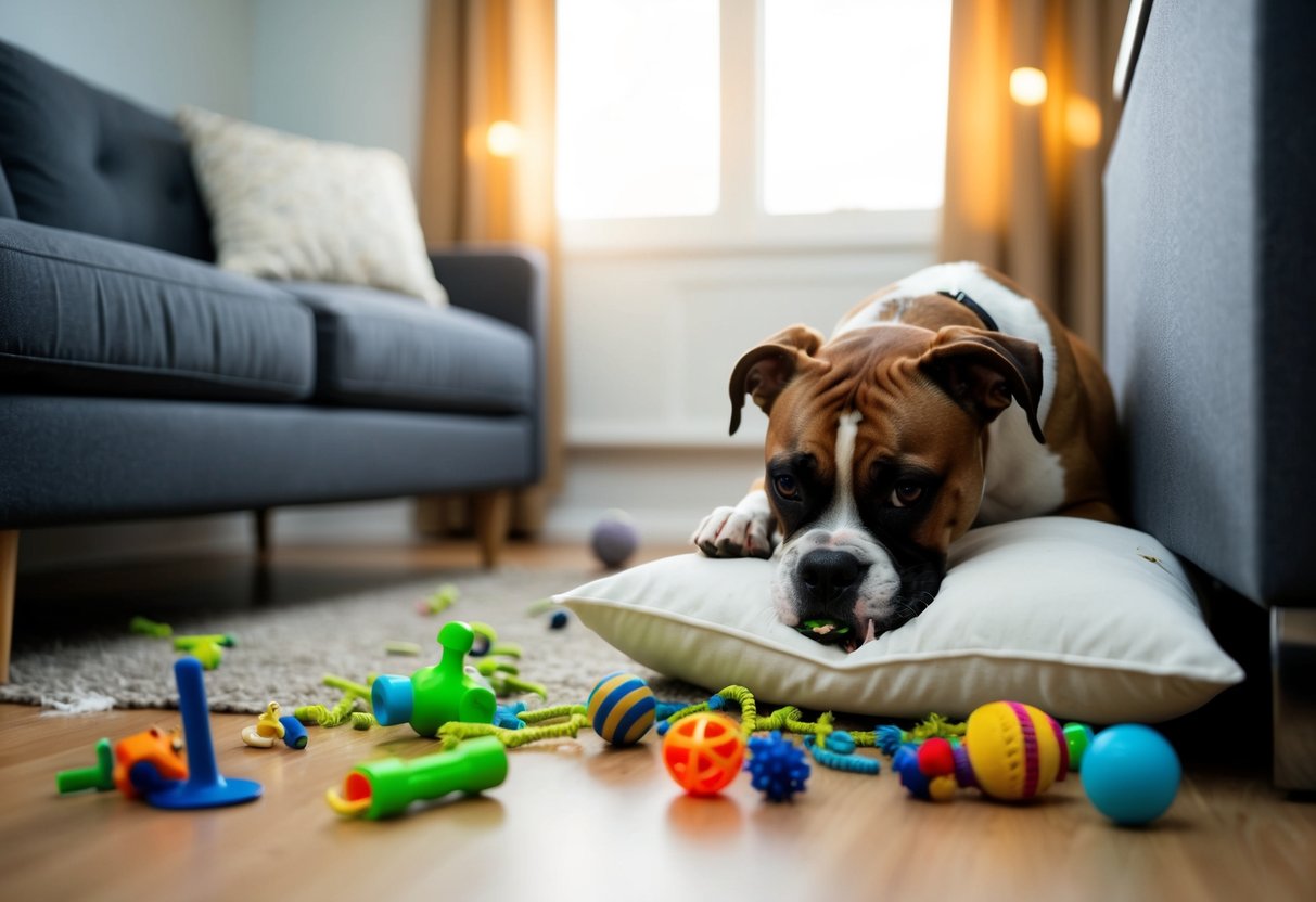 A boxer dog chewing on furniture, a torn-up pillow, and a scattered mess of toys on the floor