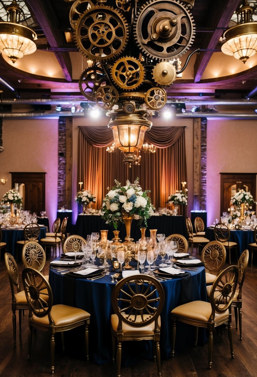 A grand steampunk-themed wedding reception with elaborate brass and gear decorations, vintage industrial lighting, and ornate Victorian-style furniture