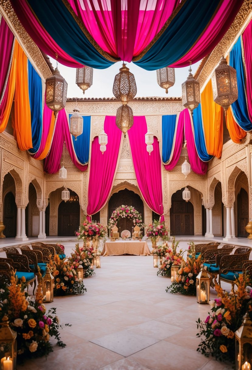 A grand Arabian palace courtyard adorned with vibrant silk drapes, ornate lanterns, and exotic floral arrangements, creating a mystical and enchanting atmosphere for a wedding celebration