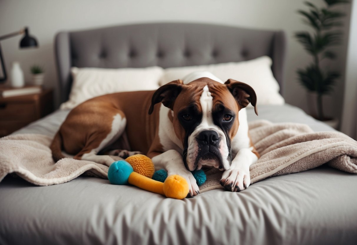 A boxer dog lies peacefully on a soft bed, surrounded by toys and a cozy blanket, with a serene expression on its face