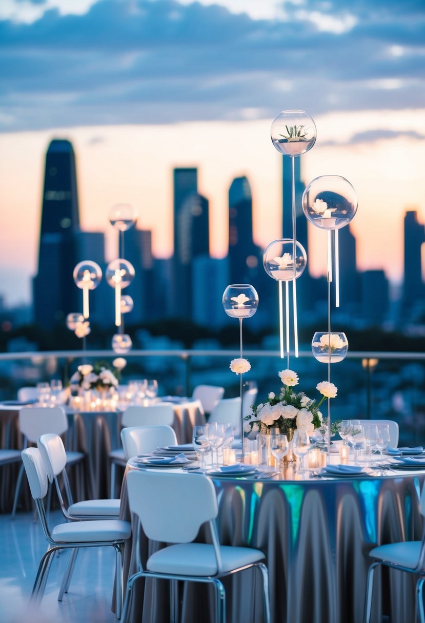 A sleek, metallic wedding venue with holographic decor, glowing neon lights, and floating floral arrangements. A futuristic city skyline looms in the background