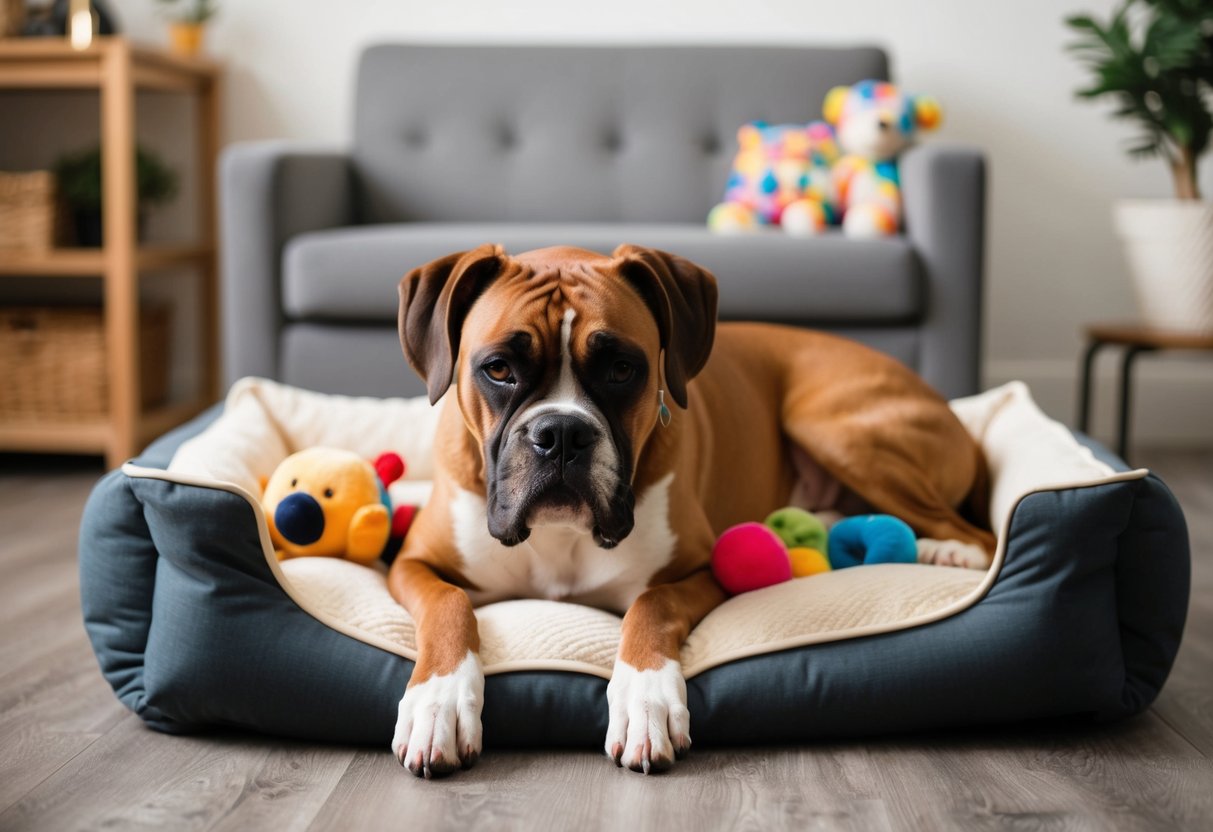 A boxer dog lying down peacefully, surrounded by their favorite toys and a comfortable bed