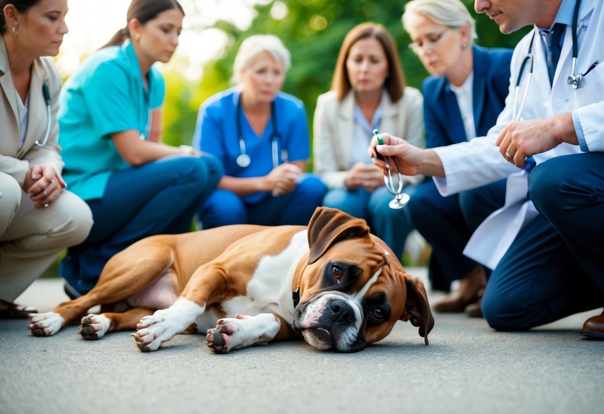 A boxer dog lying motionless on the ground, surrounded by concerned onlookers and a veterinarian with a stethoscope