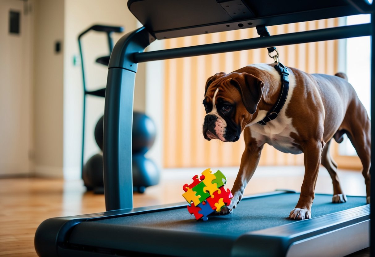 A boxer dog plays with a puzzle toy while a treadmill sits nearby