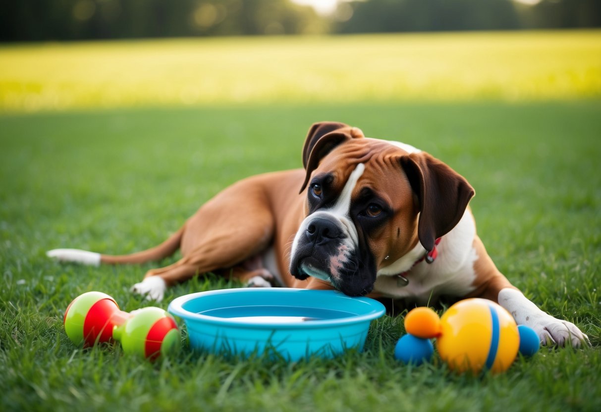 A boxer dog lying peacefully on a grassy field, surrounded by toys and a water bowl, with a serene expression on its face