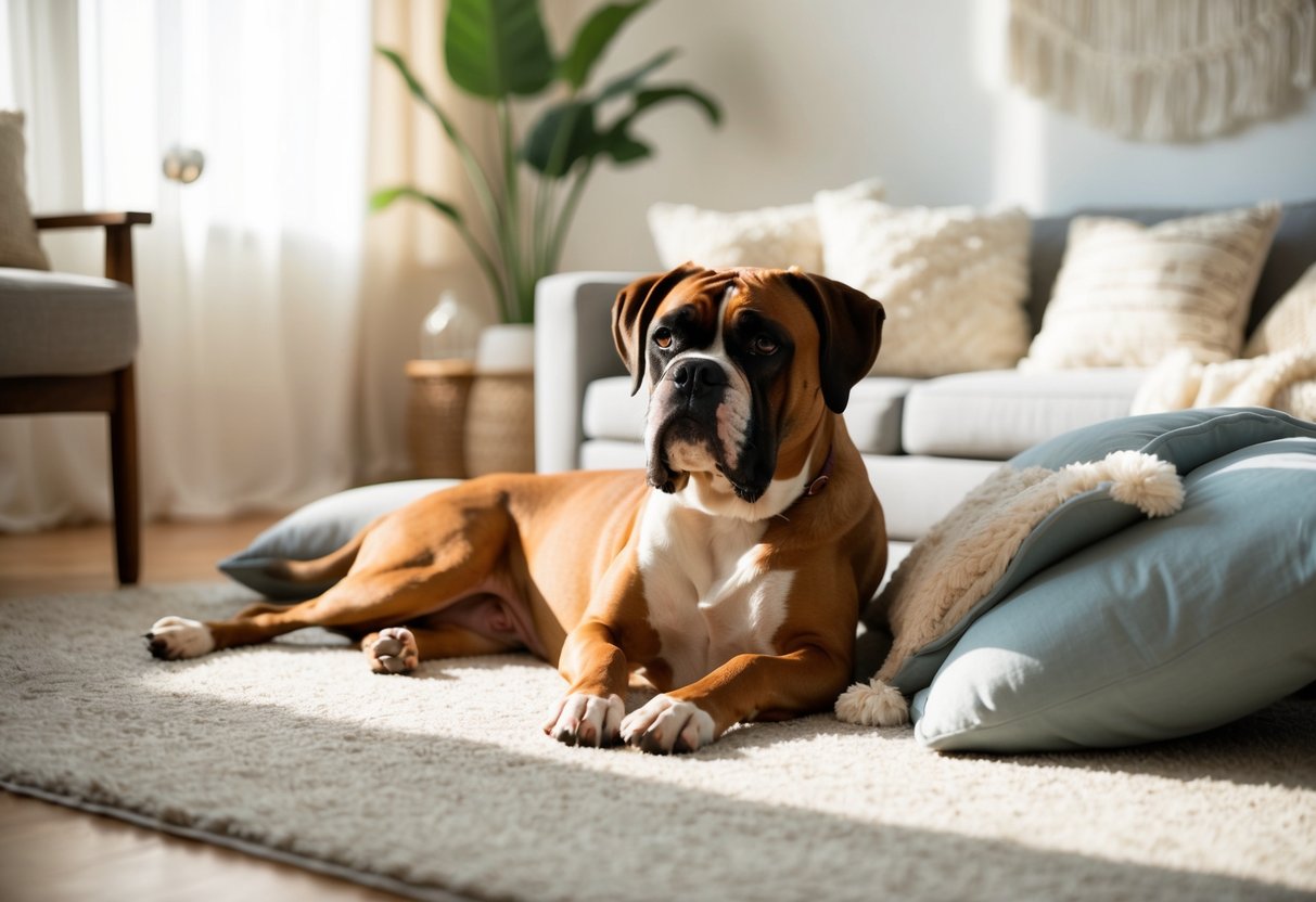 A boxer dog lounges on a soft rug in a sunlit living room, surrounded by plush pillows and a cozy blanket. Gentle music plays in the background, creating a peaceful atmosphere