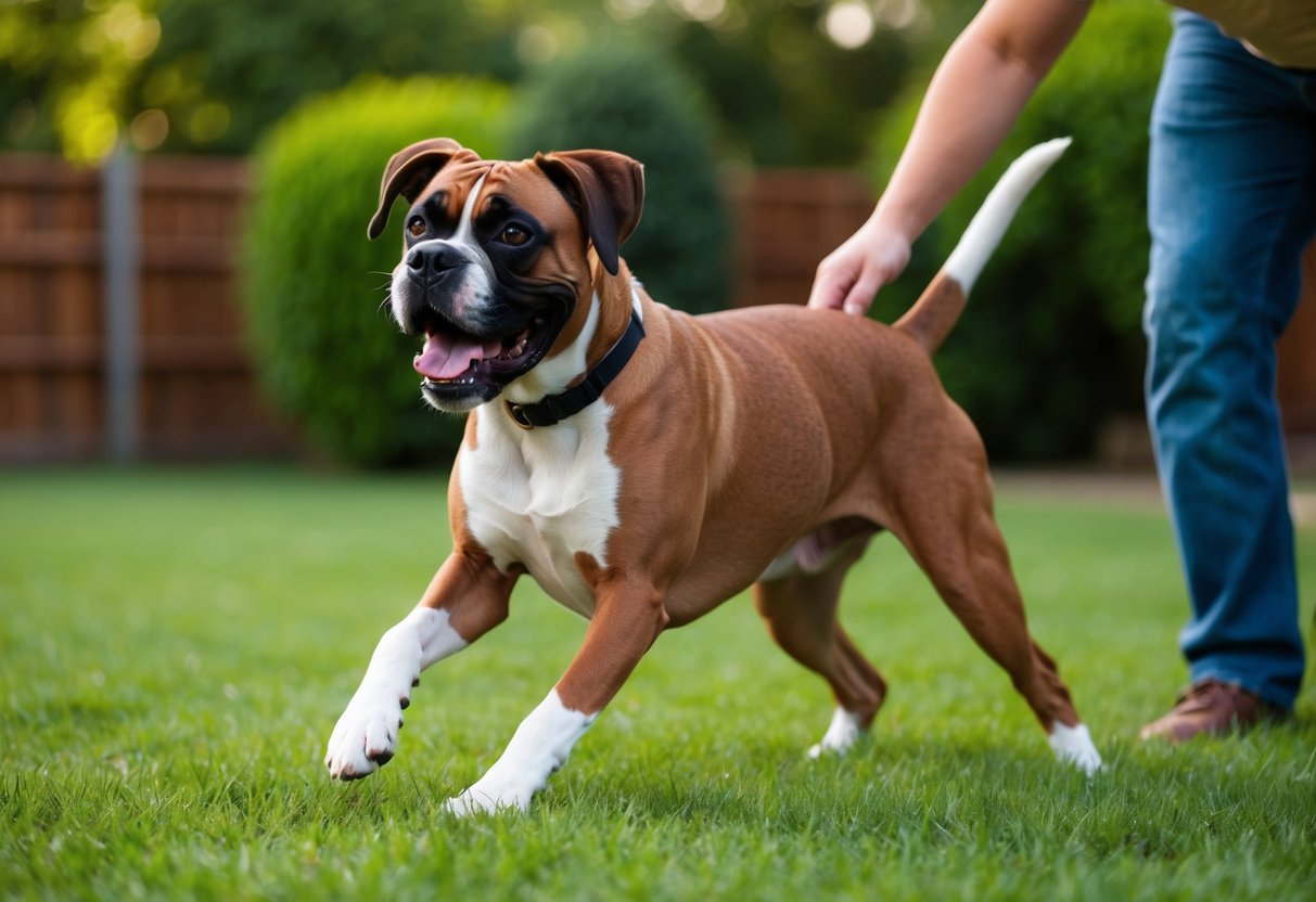 A boxer dog playing in a grassy yard, wagging its tail and looking up at its owner with a happy expression