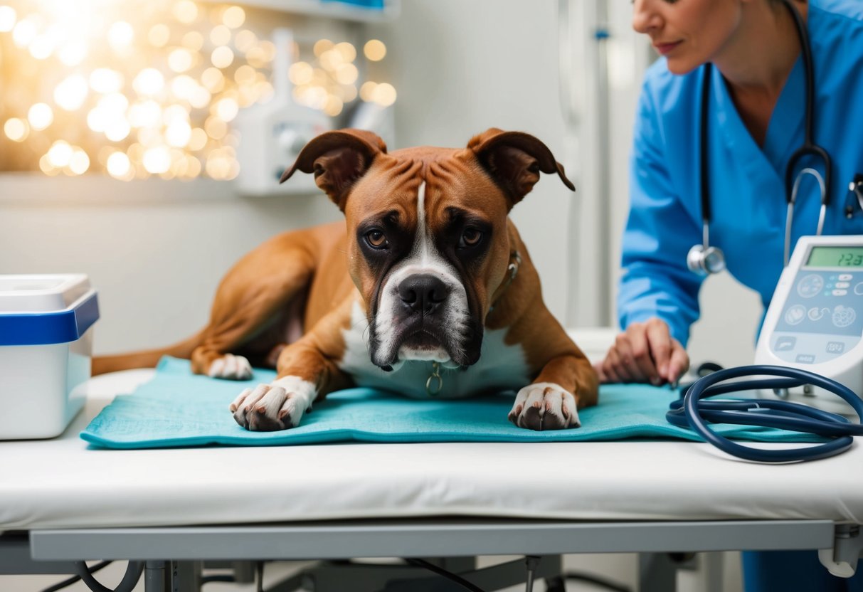 A boxer dog lying on a veterinary examination table, surrounded by medical equipment and a concerned veterinarian