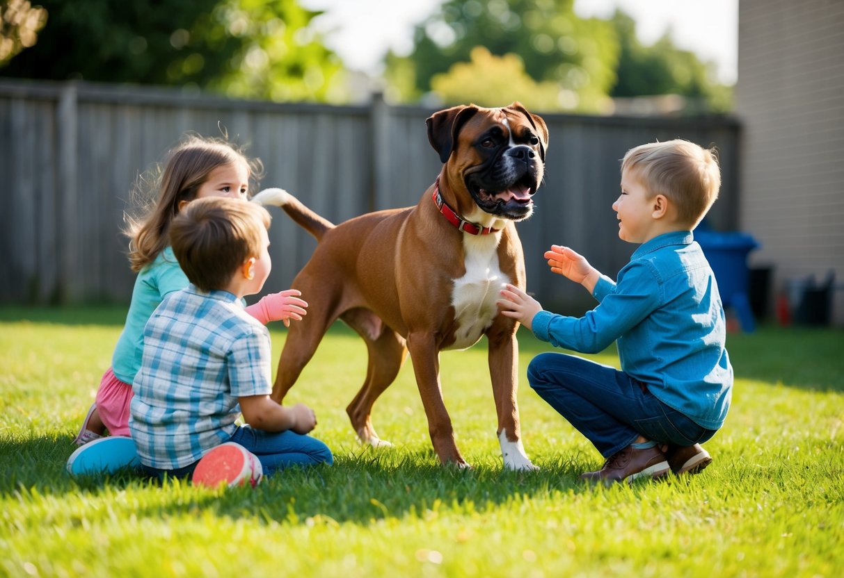 A boxer dog playing with children in a backyard, wagging its tail and looking affectionately at the family