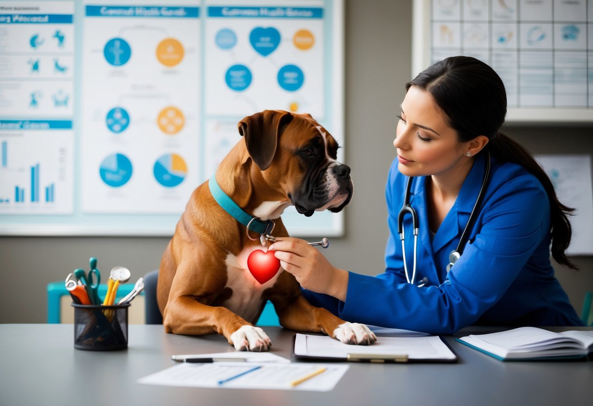 A veterinarian examining a boxer dog's heart with a stethoscope, surrounded by charts and diagrams of common health issues for the breed