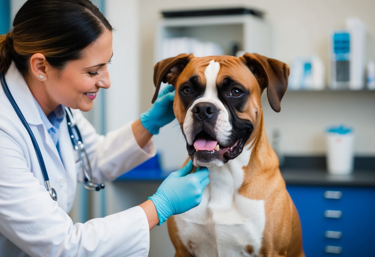 A boxer dog receiving a check-up at the veterinarian's office, with a caring vet examining its ears and teeth, while the dog looks calm and content