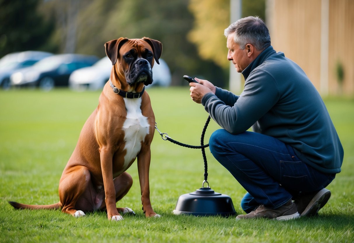 A boxer dog sitting obediently next to its owner, while attentively watching and listening to commands during a training session