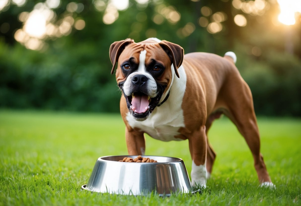 A boxer dog barks fiercely, teeth bared, standing protectively over its food bowl