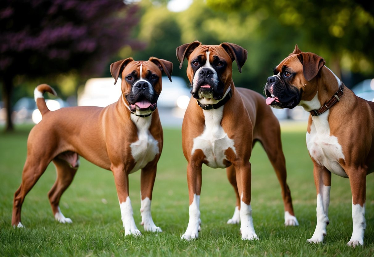 A boxer dog stands confidently, tail wagging, ears alert, and a friendly expression on its face, interacting calmly with other dogs in a park setting
