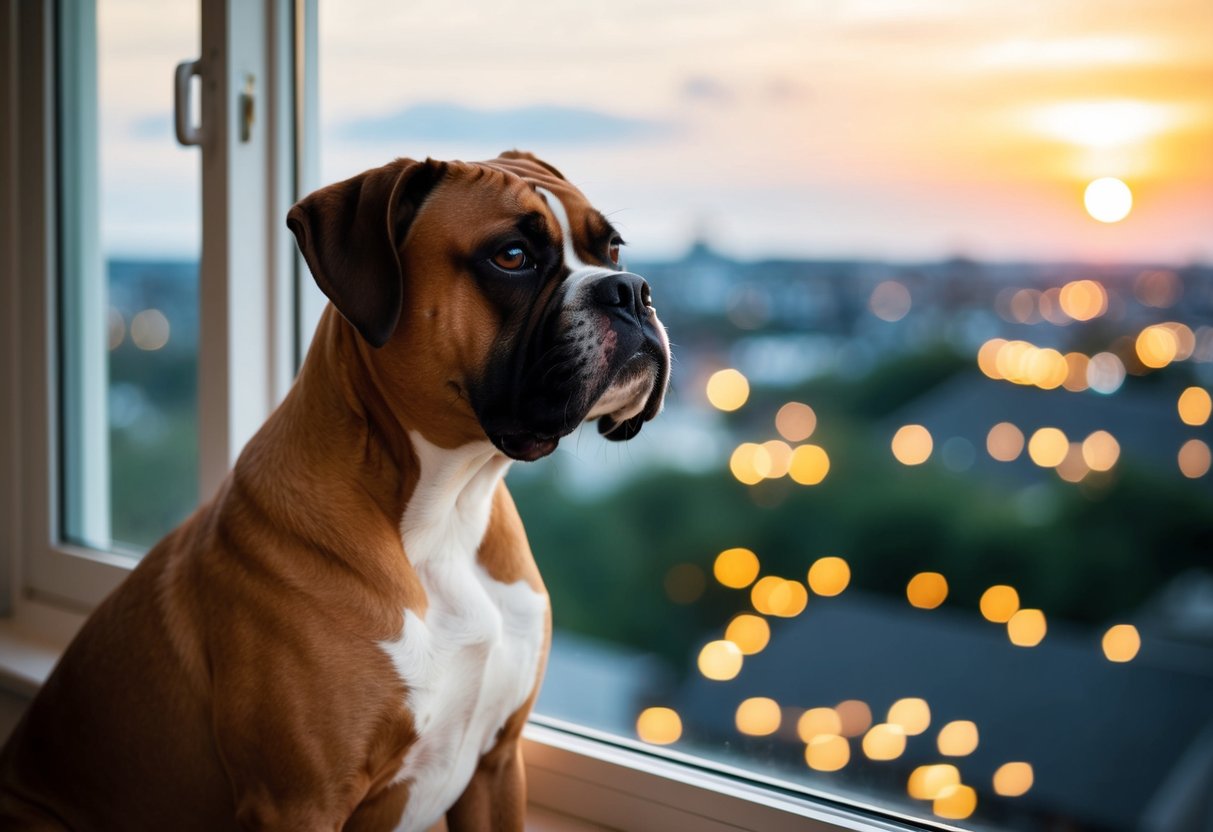 A boxer dog sits by the window, looking out with a longing expression as the sun sets outside