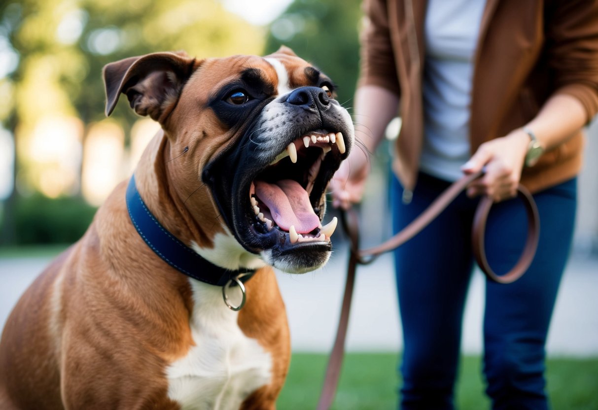 A snarling boxer dog bares its teeth, ears pinned back, and body tensed. A person stands nearby, holding a leash and using a calming voice