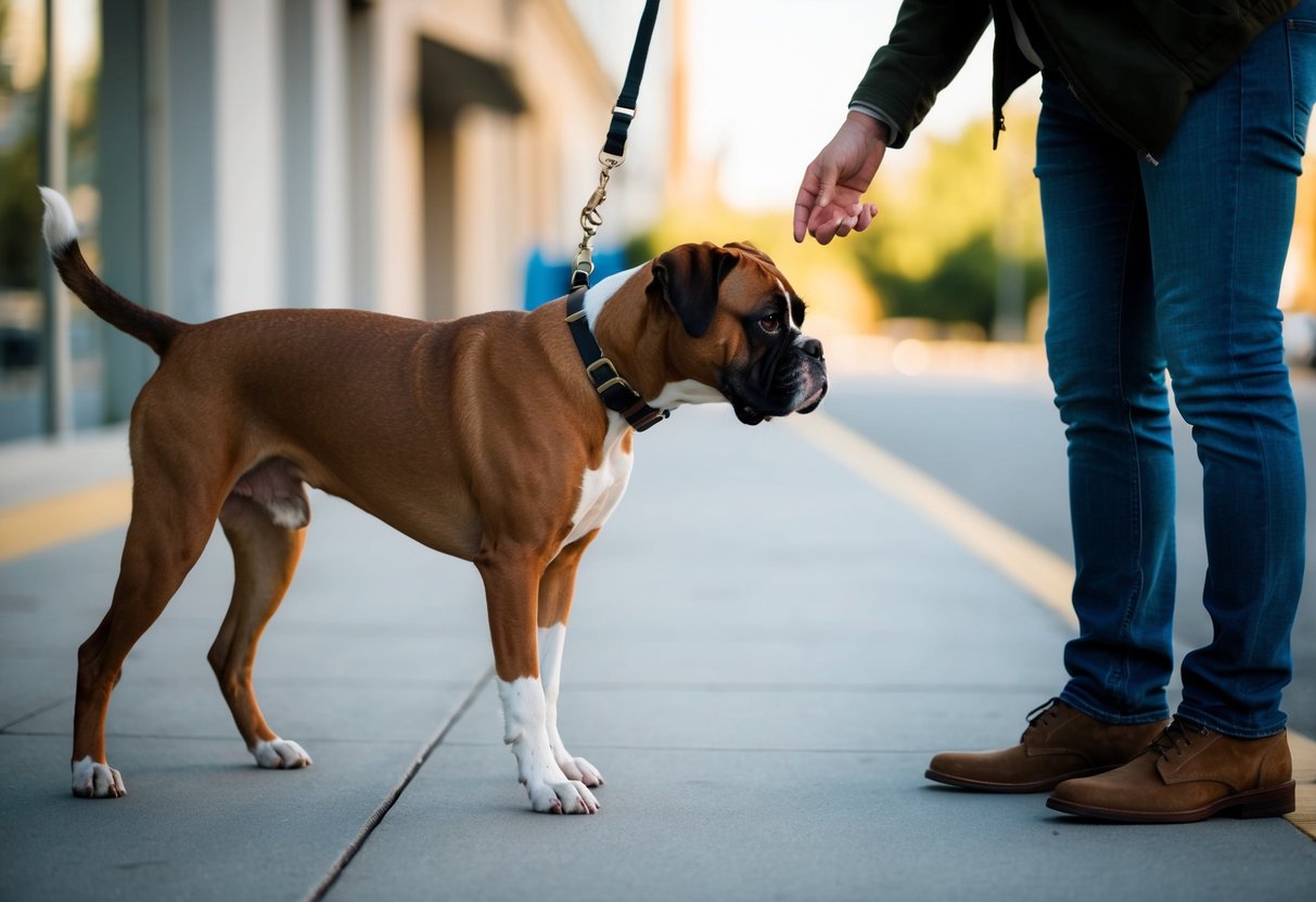 A boxer dog cautiously approaches a stranger, sniffing and wagging its tail in a friendly manner