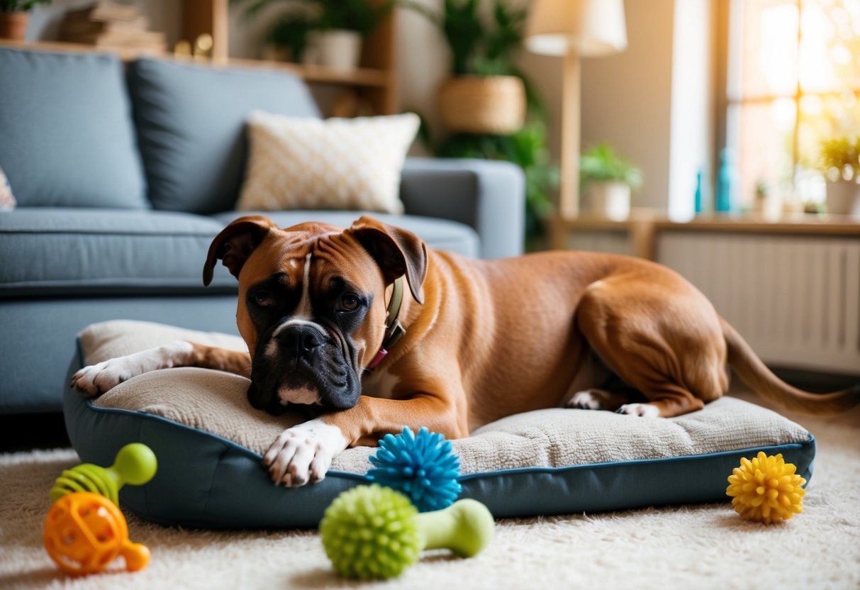 A boxer dog rests comfortably in a cozy living room, surrounded by interactive toys and comforting scents. The room is filled with natural light and soothing music, creating a peaceful environment