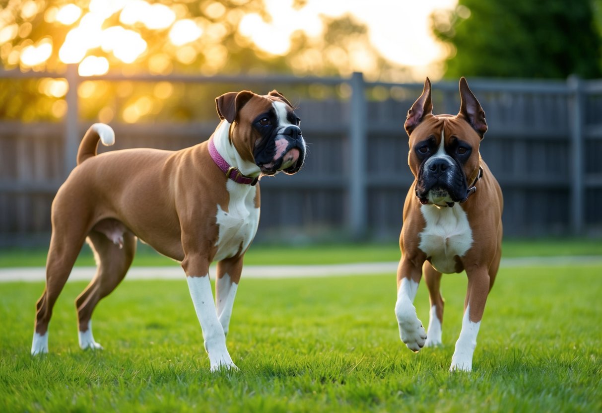 A boxer dog stretching in the morning sun, followed by a brisk walk and playful exercise in a fenced yard