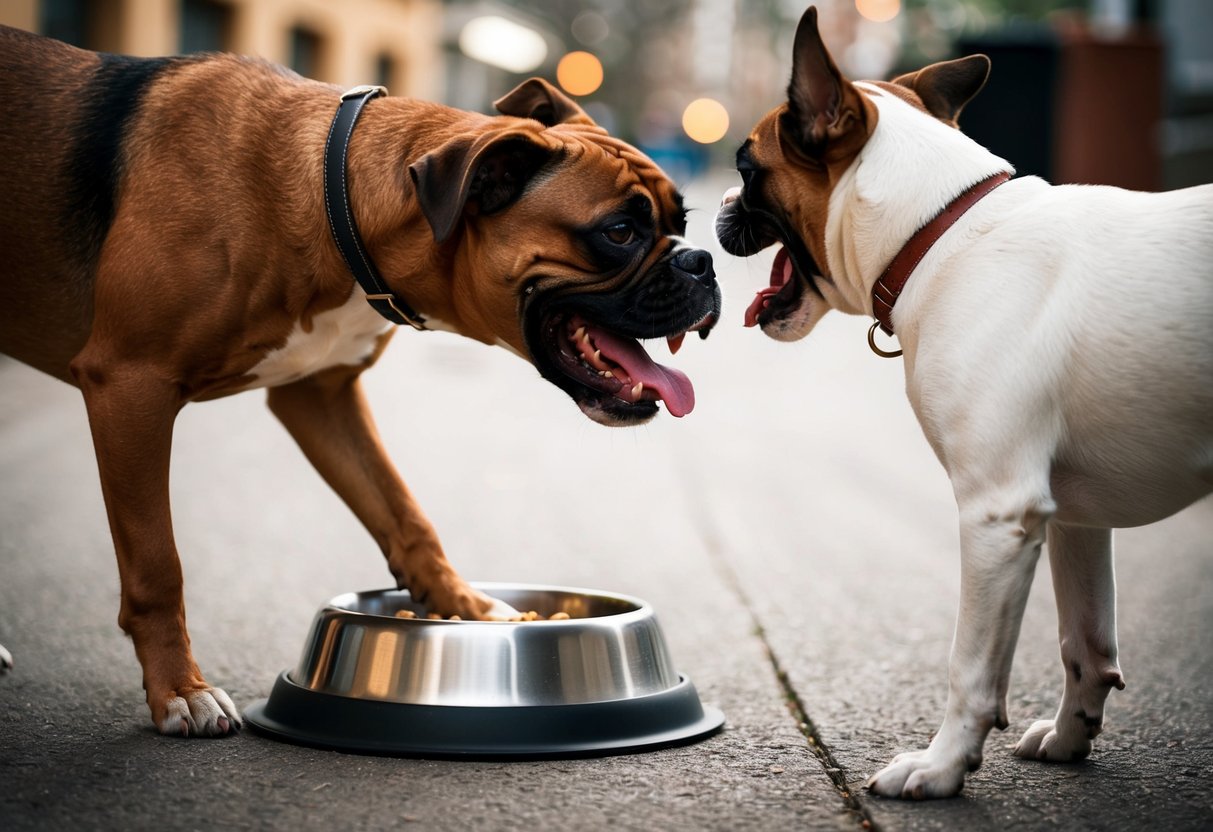 A snarling boxer dog stands over a food bowl, growling at another dog approaching. Its ears are back and teeth bared, showing signs of aggression