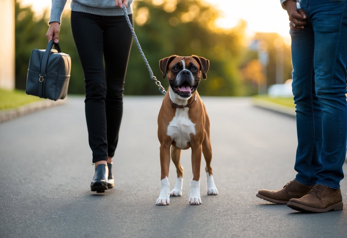 A boxer dog approaches a stranger with a wagging tail and friendly demeanor, showing a calm and welcoming temperament