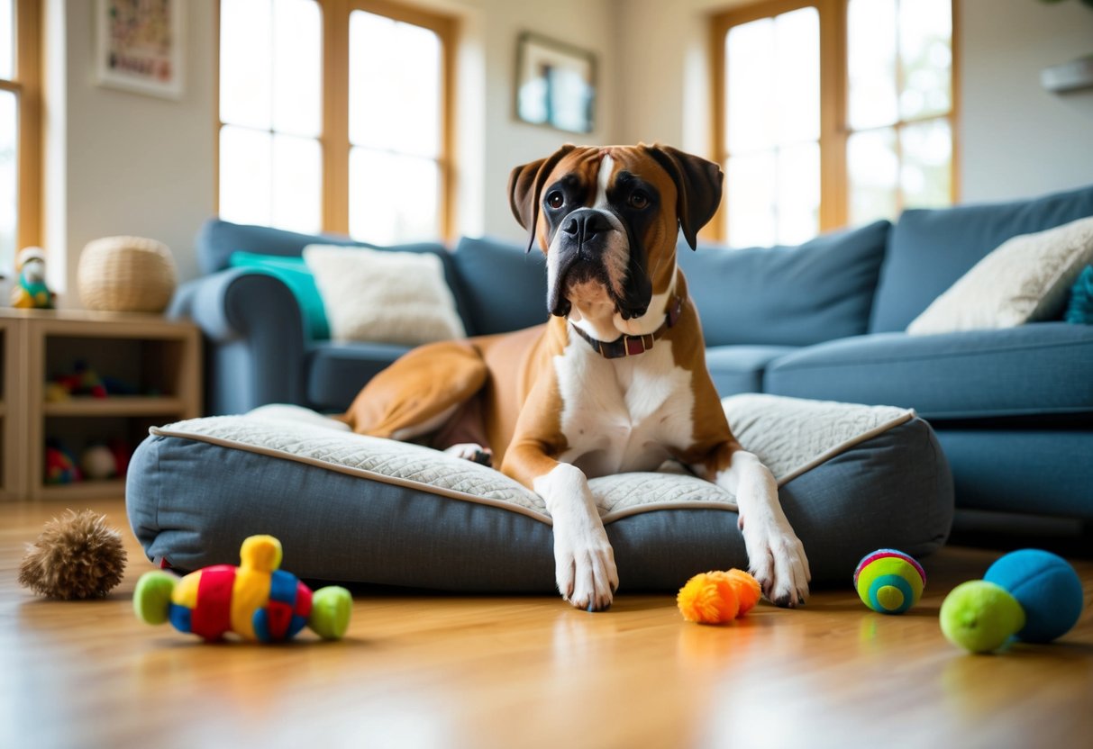 A boxer dog lounges in a cozy living room, surrounded by toys and a comfortable bed. The room is filled with natural light, and the dog appears content and relaxed