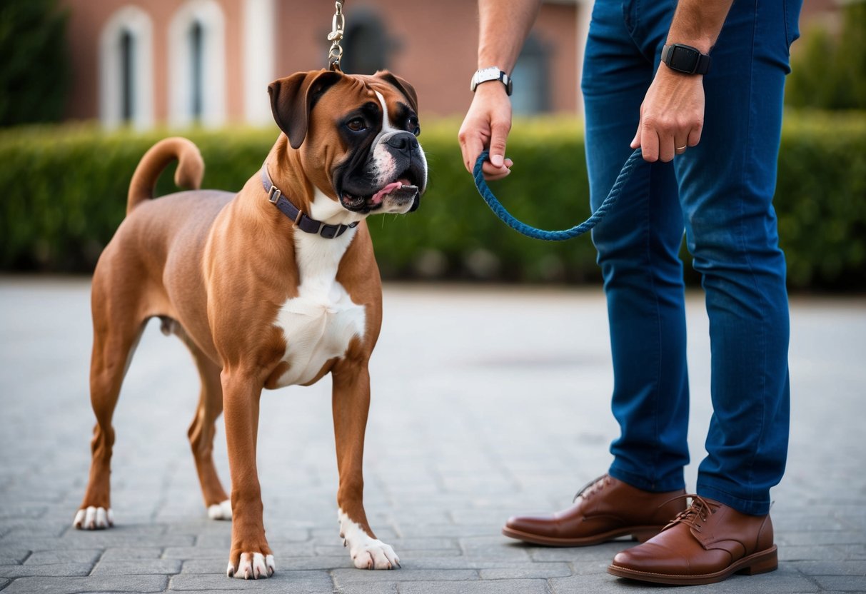 A boxer dog stands confidently, wagging its tail as it interacts with a friendly stranger. Its attentive expression shows trust and warmth
