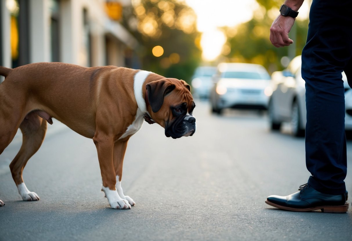 A boxer dog cautiously approaches a stranger, sniffing the air with curiosity