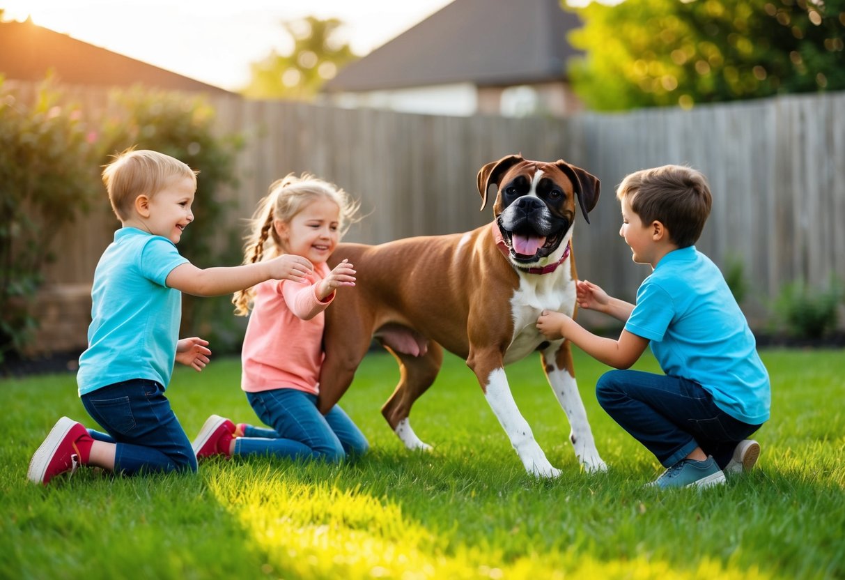 A joyful boxer dog playing with children in a grassy backyard, wagging its tail and showing affection