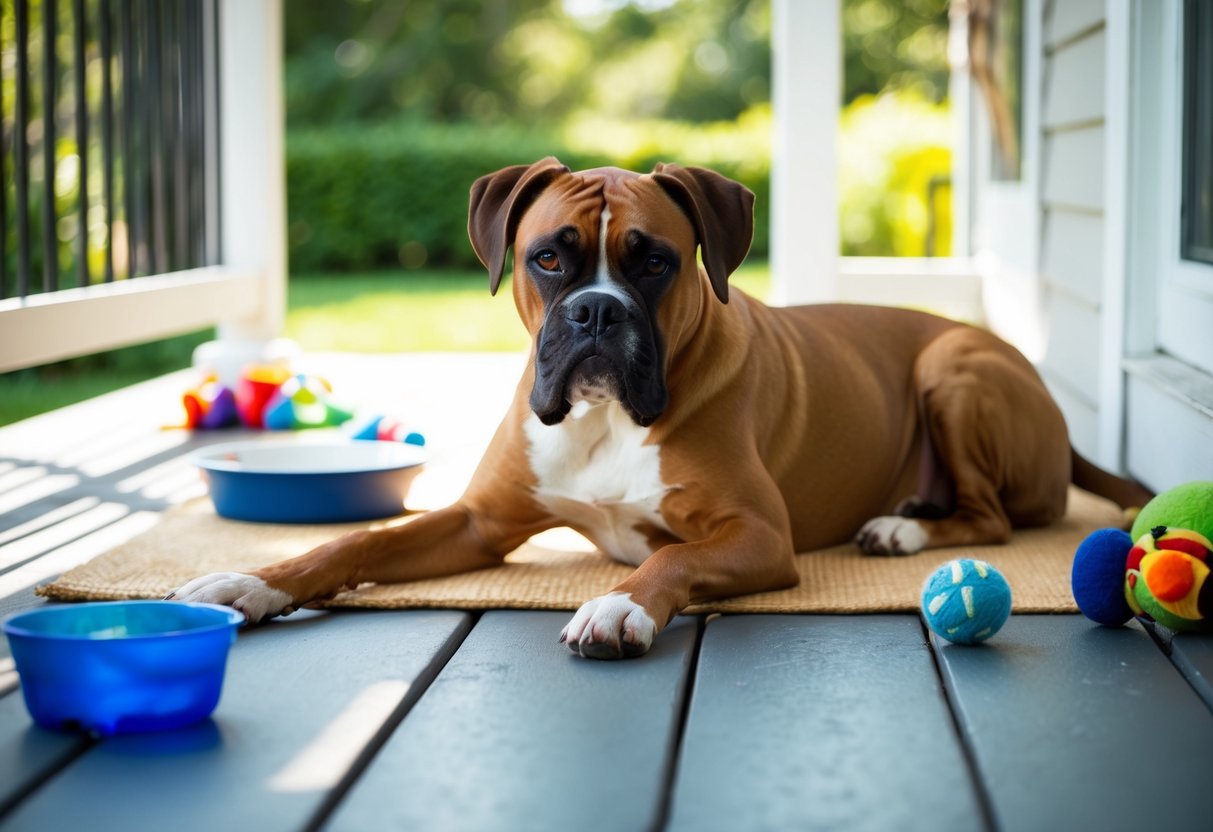 A boxer dog lounges on a sun-drenched porch, surrounded by toys and a water bowl. Its coat is sleek and well-groomed, and it wears a contented expression