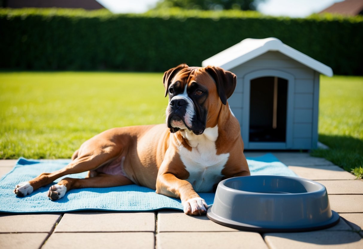 A boxer dog lounges in a spacious backyard, basking in the sunshine with a sturdy dog house and water bowl nearby