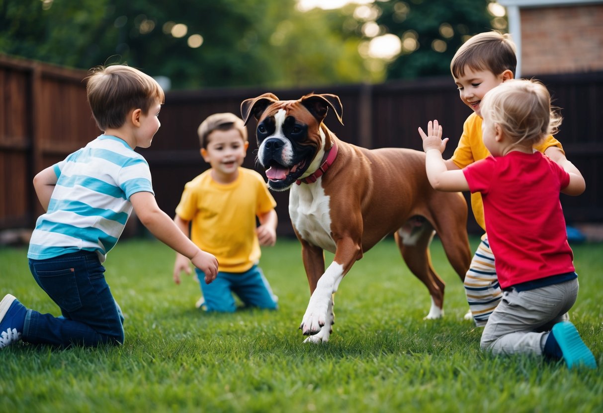 A boxer dog playing with children in a backyard, wagging its tail and looking happy