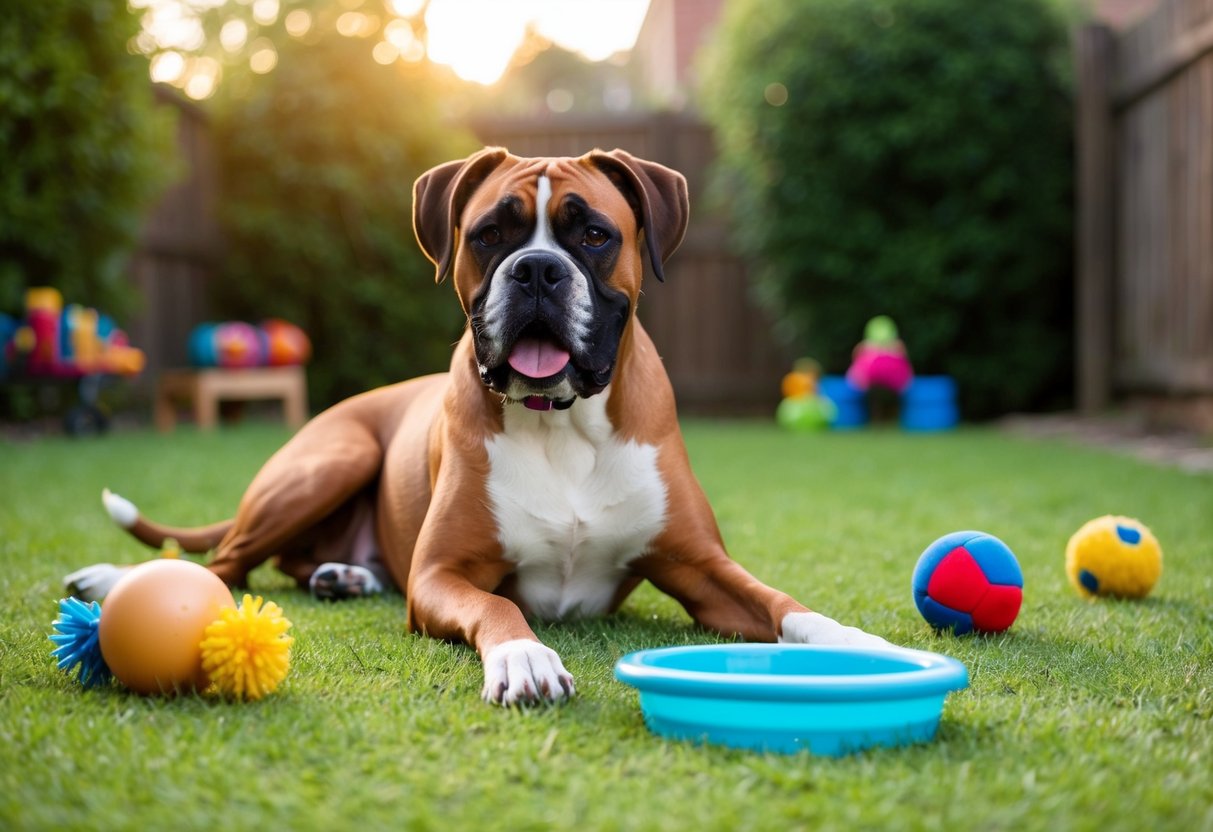 A boxer dog lounges contentedly in a spacious backyard, surrounded by toys and a water bowl. Its coat is shiny and well-groomed, and it appears relaxed and happy